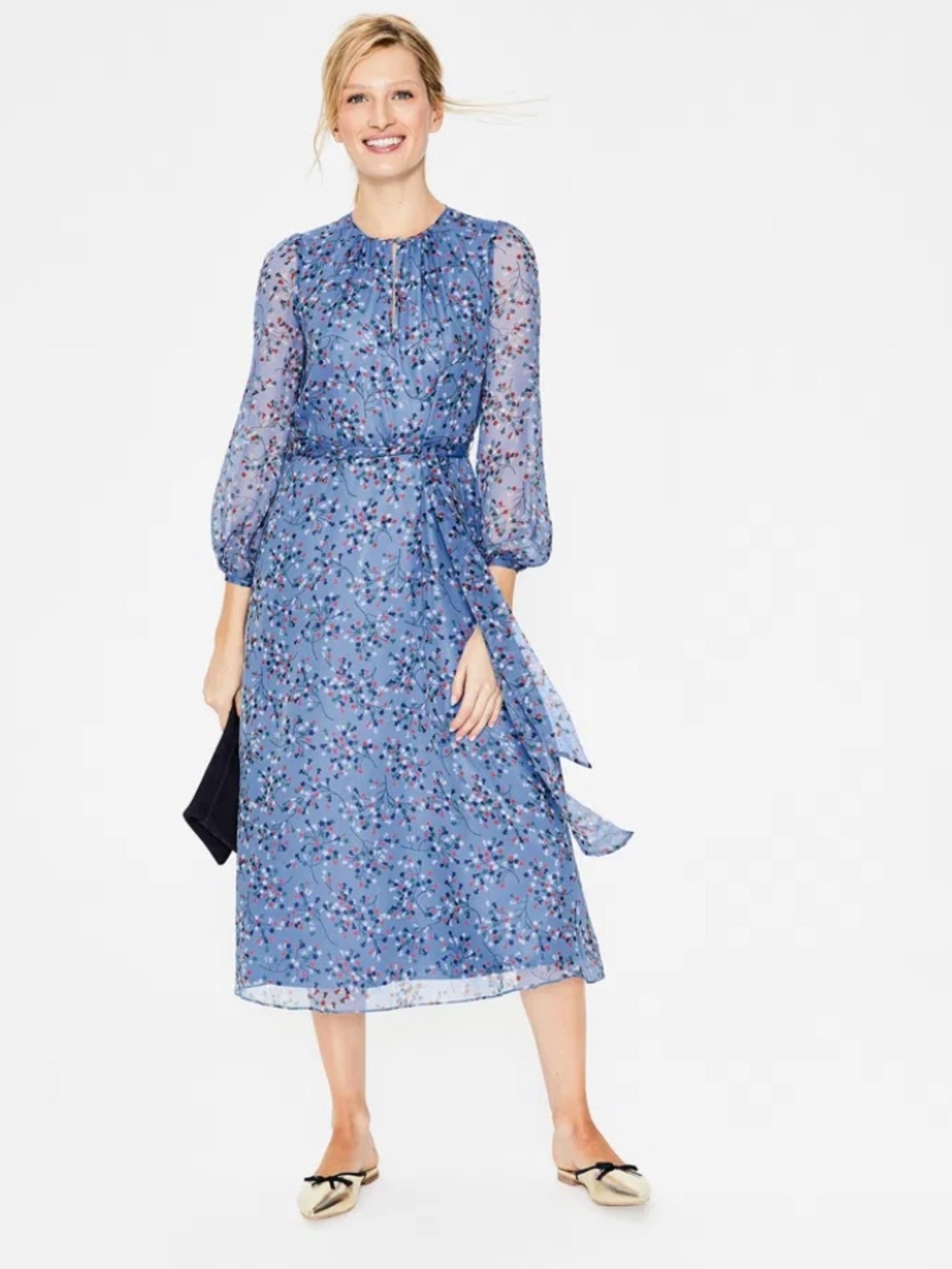 Boden Kyra silk Blue Floral Tie-Waist Midi Dress
